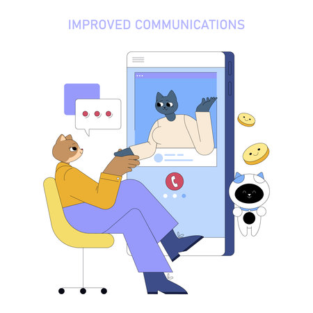 Anthropomorphic cat using an AI chat interface on a large smartphone screen, demonstrating enhanced digital communication.のイラスト素材