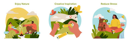 Vector illustration depicting three activities: enjoying camping in nature, drawing creatively with colored pencils, and meditating peacefully outdoors, fostering a sense of relaxation and creativity.のイラスト素材