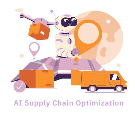 AI in industry and manufacturing streamlines supply chain processes. The illustration shows a friendly robot optimizing logistics with a drone, delivery truck, and packages, symbolizing efficiency. Vector illustration.のイラスト素材