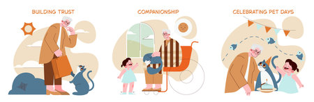 Vector illustration showing scenes of companionship and pet celebration. An elderly person and a young child interact joyfully with a cat, emphasizing friendship across generations.のイラスト素材