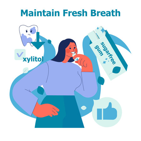 Vector illustration showing a woman chewing sugar-free gum to maintain fresh breath. Includes visuals of xylitol benefits, tooth health, and a satisfied expression.のイラスト素材