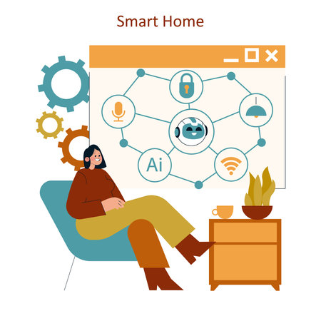 Illustration of a modern home showcasing AI technology. A person interacts with a smart home interface displaying various features. Emphasizes comfort and innovation in home automation for daily life.のイラスト素材