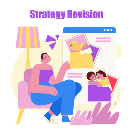 Vector illustration of a person sitting and pointing at digital photos on a large screen. The image highlights a strategy revision with folders and happy expressions in colorful tones.のイラスト素材