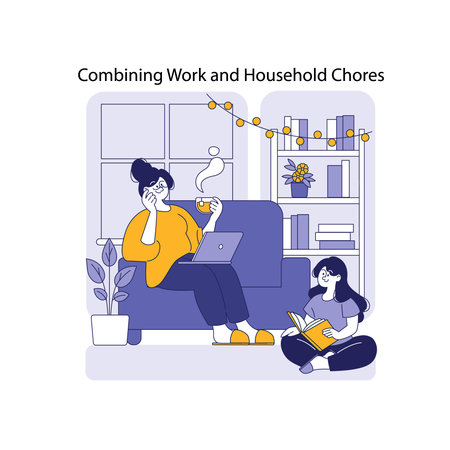 The illustration shows a comfortable home setting where work and household duties coexist. A person engages with their laptop while enjoying quiet moments, highlighting the balance of remote work and family life.のイラスト素材