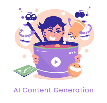 AI in marketing revolutionizes content creation, blending creativity and technology. This illustration showcases an engaging blend of human and robotic collaboration for innovative content generation.のイラスト素材