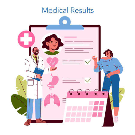 Vector illustration depicting a doctor showing medical results to a patient. The doctor holds a clipboard, while both individuals appear engaged in a healthcare discussion.のイラスト素材