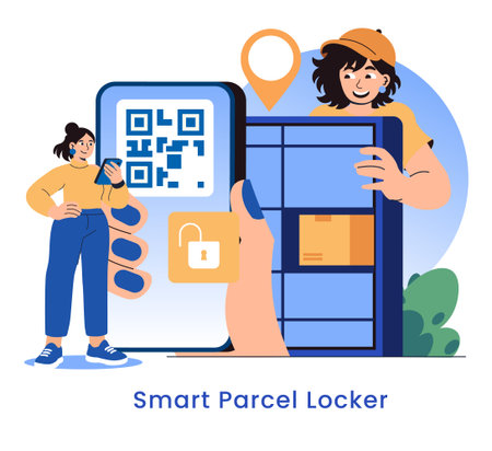 Future of delivery concept. Secure smart parcel locker service automates package pickup using QR codes and smartphone access. Modern contactless delivery for convenient city lifestyle. Vector illustration.のイラスト素材