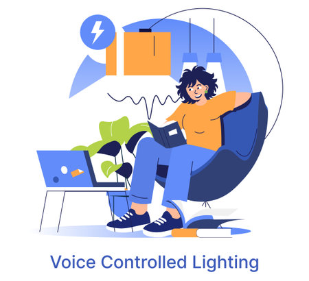 Vector illustration of a woman relaxing in a chair, reading, while controlling lighting with her voice. The scene includes a laptop and cozy indoor atmosphere, highlighting smart home technology.のイラスト素材