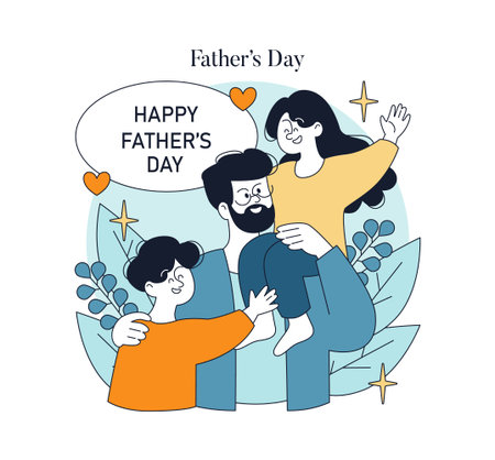 Fathers Day illustration depicting a joyful scene with a father and two children expressing happiness and love. Emphasizes the bond of family and celebration.のイラスト素材