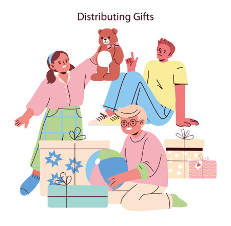 Vector illustration showing a group of kids joyfully distributing gifts and toys. Smiling children hold a teddy bear and a beach ball among colorful presents, illustrating the spirit of sharing.のイラスト素材