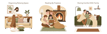 Vector illustration depicting a family enjoying cozy moments and organizing a relaxing space. A woman rearranges cushions, a family reads by the fireplace, and shares comfort under a blanket on the couch.のイラスト素材