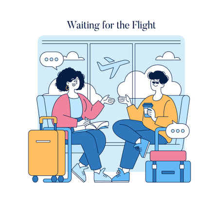 Travelers wait for their flight while sharing a moment of conversation in a cozy airport lounge. The illustration captures the excitement and anticipation of upcoming journeys with luggage in view.のイラスト素材