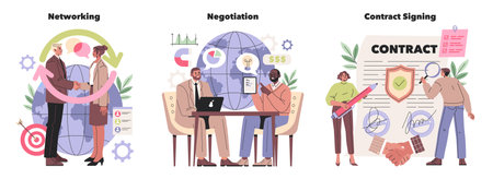 Vector illustration showcasing three stages of business interactions: networking with a handshake, negotiation at a meeting table, and contract signing with agreement gestures.のイラスト素材
