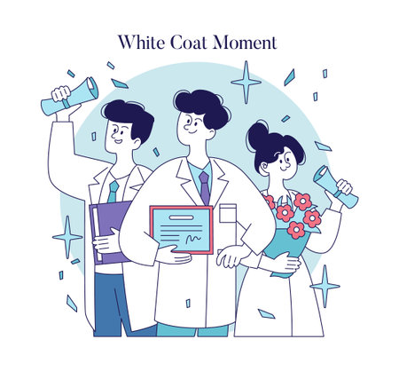 Celebrate the journey of healthcare heroes with this illustration showcasing proud graduates in white coats. They hold diplomas, laboratory equipment, and flowers, symbolizing hope and dedication.のイラスト素材