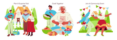 Vector illustration set showing diverse family activities. First image depicts a surprise visit with expressions of joy. Second features cooking together, highlighting teamwork in preparing food. Third captures joyous participation in a community event, celebrating togetherness.のイラスト素材