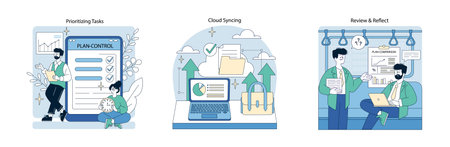 Vector illustration showing three scenes: people organizing tasks on digital devices, synchronizing files in the cloud, and reviewing plans collaboratively. Emphasizes efficiency and teamwork.のイラスト素材