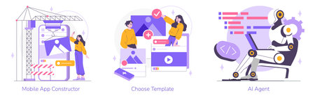 Vector illustration depicting mobile app construction, template selection, and an AI agent working on a laptop. Elements signify the integration of modern technology in design.のイラスト素材