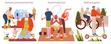 Vector illustration showcasing diverse community support activities. People engage in gardening, healthcare, and outdoor activities, reflecting teamwork and social interaction themes.のイラスト素材