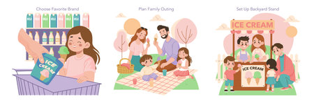 Vector illustration set showcasing three scenes. A child picking ice cream from a supermarket shelf, a family enjoying an outdoor picnic with ice cream, and children running an ice cream stand with enthusiasm.のイラスト素材