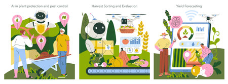 Vector illustration of AI in agriculture showing pest control, harvest sorting with drones, and yield forecasting. Depicts robots analyzing crops for efficient farming solutions.のイラスト素材