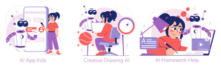 Vector illustration depicts kids interacting with AI for learning and creativity. In one scene, a...