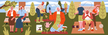 Vector illustration depicting seniors partaking in diverse activities outdoors. Scenes include gardening, exercising with friends, enjoying conversation on benches, and team games.のイラスト素材