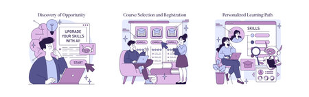 Vector illustration depicting AI learning processes. Features discovery of opportunities, course selection, and personalized learning paths with AI, represented by diverse characters.のイラスト素材