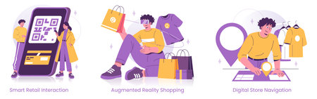 Vector illustration showcasing three scenarios in modern retail: scanning QR codes for smart shopping, using augmented reality for enhanced product selection, and digital store navigation.のイラスト素材