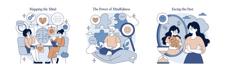Vector illustration depicting three concepts: therapy session discussing mental health, meditation...