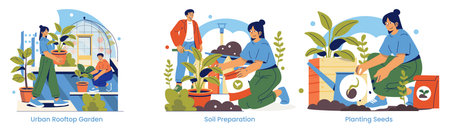 Vector illustration showing urban rooftop gardening activities. Individuals are engaged in preparing soil and planting seeds in pots. The scene highlights sustainable city living and gardening.のイラスト素材