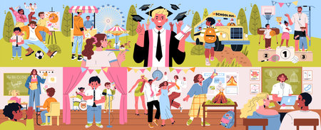 Colorful vector illustration depicting various school activities and celebrations. Scenes include sports, graduation, classroom learning, and outdoor fun, highlighting joy and collaboration.のイラスト素材