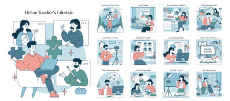 Explore the diverse activities of online teachers in this illustration, showcasing their digital lifestyle.のイラスト素材