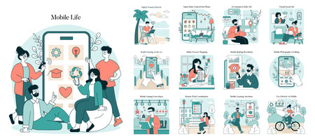 Vector illustration depicting various aspects of mobile life including digital nomad lifestyle,...