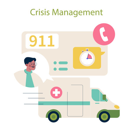 Vector illustration depicting crisis management with a 911 emergency theme. An ambulance, a stopwatch, and a caller illustrate quick response and assistance during critical situations.のイラスト素材