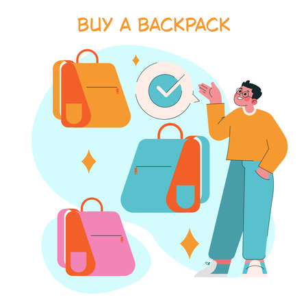 Vector illustration shows a person selecting from various colorful backpacks, highlighting the decision-making process in purchasing. The shopper appears joyful and confident.のイラスト素材