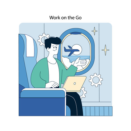 Vector illustration of a businessman working on a laptop while sitting on an airplane. The man appears focused and content, with gears and an airplane visible outside the window.のイラスト素材