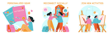 Vector illustration depicting personalized school gear, social reconnection among students, and engaging in new artistic activities, highlighting the joy of returning to school.のイラスト素材
