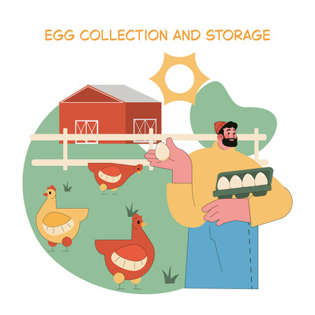 Egg farm scene showcasing the process of egg collection and storage. A farmer holds fresh eggs while surrounded by chickens and a barn, highlighting the essence of farm life and poultry farming.のイラスト素材
