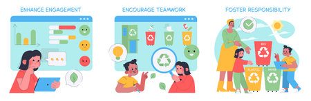 Vector illustration showing children learning about recycling and environmental responsibility....