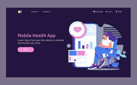 Mobile health app interface featuring a young woman seated, engaged with digital health analytics on screen. Vector illustration highlighting modern technology and user interaction.のイラスト素材