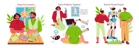 Vector illustration of people engaging in a deep conversation, solving problems together, and building a shared robot project. Depicts teamwork, creativity, and collaboration.のイラスト素材