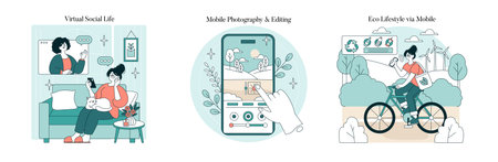 Vector illustration set depicting three scenes: virtual communication while relaxing, creating...