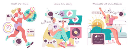 Vector illustration showcasing a woman jogging with fitness tracking, another relaxing with digital entertainment, and a third waking up using a smart device, highlighting varied daily routines.のイラスト素材