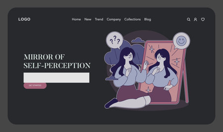 The illustration explores the theme of self-perception, presenting a person reflecting on their image in a mirror. It highlights the complexities of self-understanding and confidence. This visual offers insights into beauty psychology and self-awareness.のイラスト素材