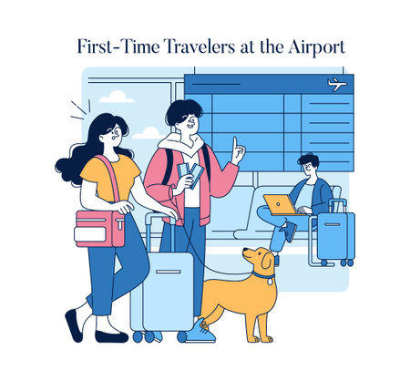 Travelers navigating the airport experience for the first time. A cheerful couple explores, checks tickets, and interacts, accompanied by a friendly dog. Comfortable lounge atmosphere. Vector illustration.のイラスト素材