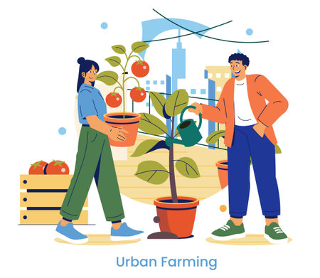 Vector illustration of two people engaged in urban farming, happily tending to potted plants with tomatoes. The setting highlights community gardening in a city environment.のイラスト素材