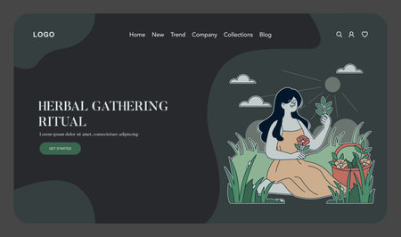 Vector illustration of a woman participating in a herbal gathering ritual, kneeling among plants, holding flowers and herbs, surrounded by nature elements like clouds and sun.のイラスト素材