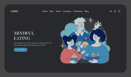 Vector illustration depicting a cheerful, diverse family practicing mindful eating. They share a healthy meal together, displaying happiness and connection through food choices.のイラスト素材