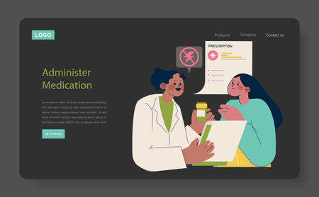 Vector illustration of a healthcare professional explaining medication instructions to a patient. Includes a prescription symbol, emphasizing medical consultation and advice.のイラスト素材
