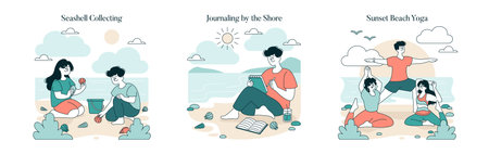 Set of three vector illustrations showcasing different beach activities. A pair collects seashells, a person journals by the shore, and a group practices yoga during sunset. Each scene captures leisure, nature, and relaxation.のイラスト素材